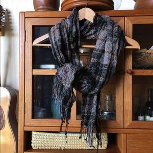 Wool Crepe Scarf Extra Long Neutral Earthy Plaid